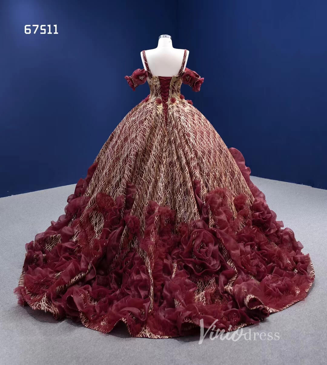 Vintage Burgundy Flower Ball Gown Sweet 16 Dress Gold Lace Quince Dress 67511-Quinceanera Dresses-Viniodress-Viniodress