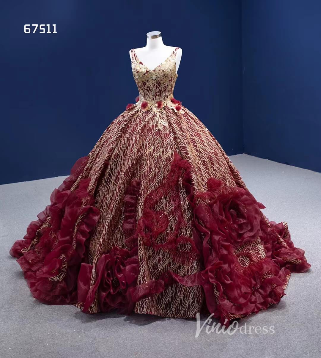 Vintage Burgundy Flower Ball Gown Sweet 16 Dress Gold Lace Quince Dress 67511-Quinceanera Dresses-Viniodress-Viniodress