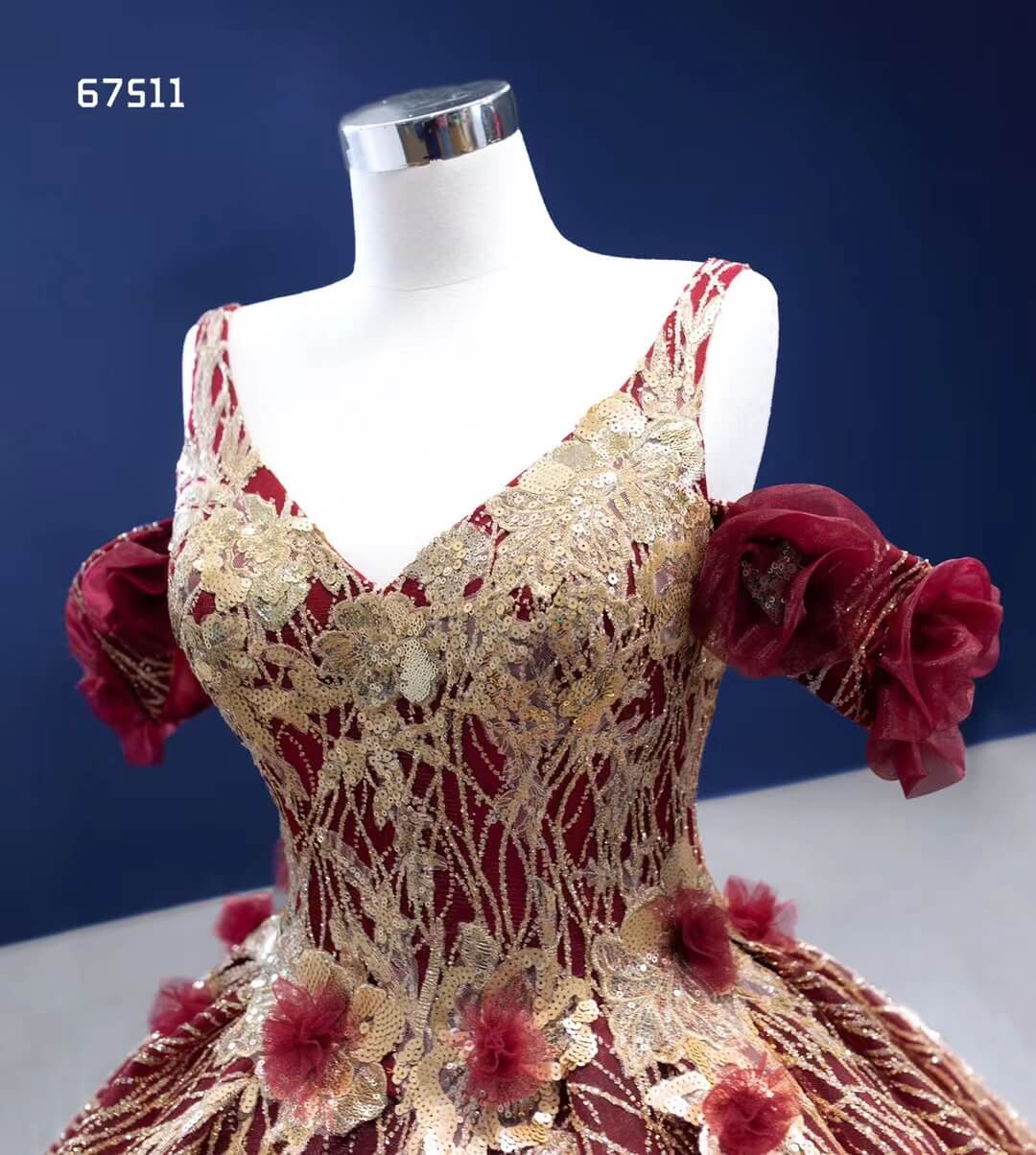 Vintage Burgundy Flower Ball Gown Sweet 16 Dress Gold Lace Quince Dress 67511-Quinceanera Dresses-Viniodress-Viniodress