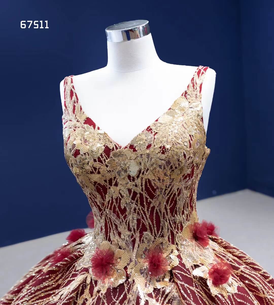 Vintage Burgundy Flower Ball Gown Sweet 16 Dress Gold Lace Quince Dress 67511-Quinceanera Dresses-Viniodress-Viniodress