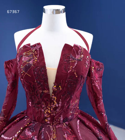 Vintage Burgundy Formal Gown Wedding Dress 67367 viniodress-Quinceanera Dresses 2025 -Viniodress-Halter-Burgundy-Custom Size
