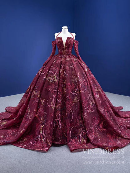 Vintage Burgundy Formal Gown Wedding Dress 67367 viniodress-Quinceanera Dresses 2025 -Viniodress-Halter-Burgundy-Custom Size