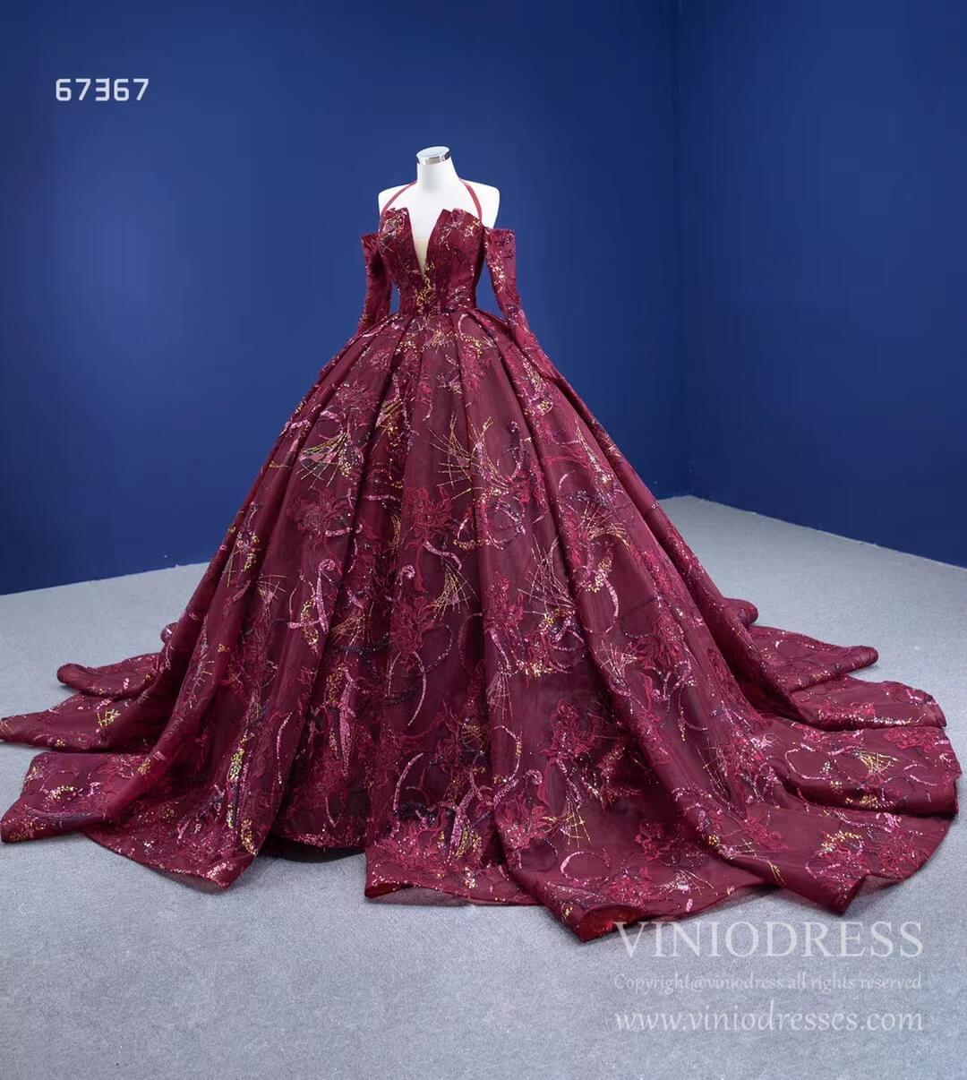 Vintage Burgundy Formal Gown Wedding Dress 67367 viniodress-Quinceanera Dresses 2025 -Viniodress-Halter-Burgundy-Custom Size
