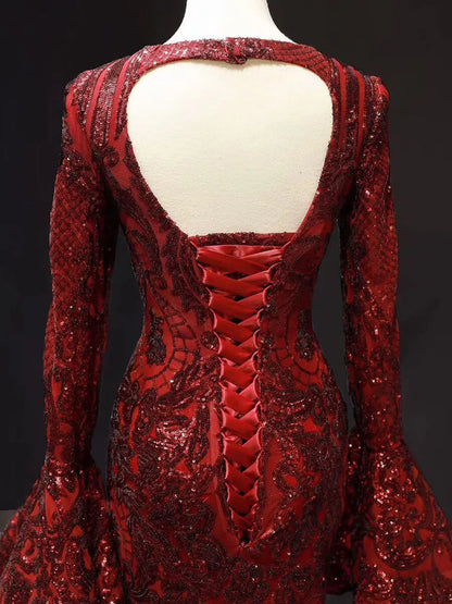 Vintage Burgundy Mermaid Pageant Dresses with Sleeves 66740 viniodress-prom dresses 2025 -Viniodress-Burgundy-Custom Size-