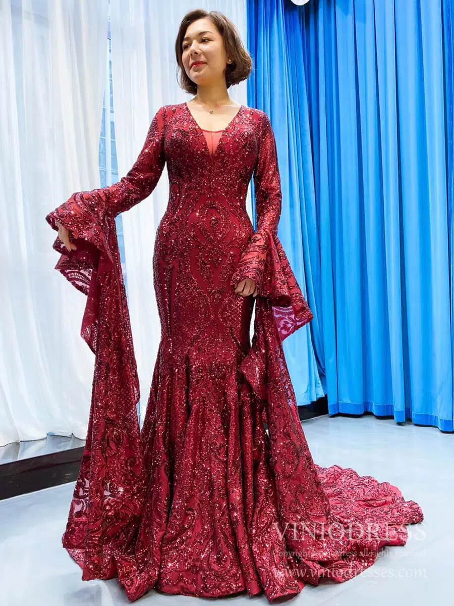 Vintage Burgundy Mermaid Pageant Dresses with Sleeves 66740 viniodress-prom dresses 2025 -Viniodress-Burgundy-Custom Size-
