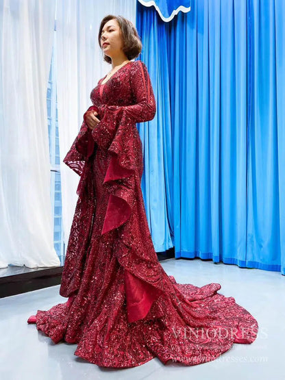 Vintage Burgundy Mermaid Pageant Dresses with Sleeves 66740 viniodress-prom dresses 2025 -Viniodress-Burgundy-Custom Size-