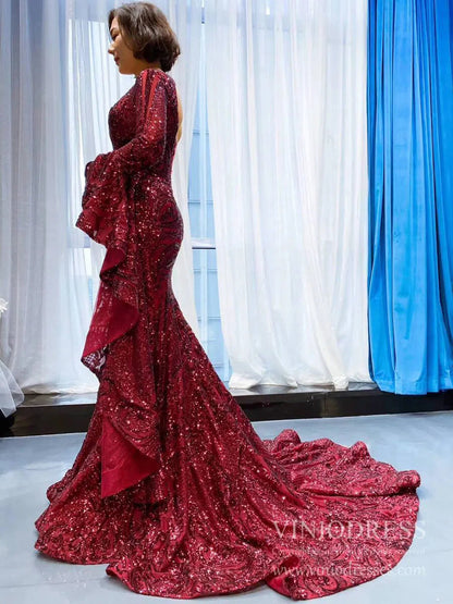 Vintage Burgundy Mermaid Pageant Dresses with Sleeves 66740 viniodress-prom dresses 2025 -Viniodress-Burgundy-Custom Size-
