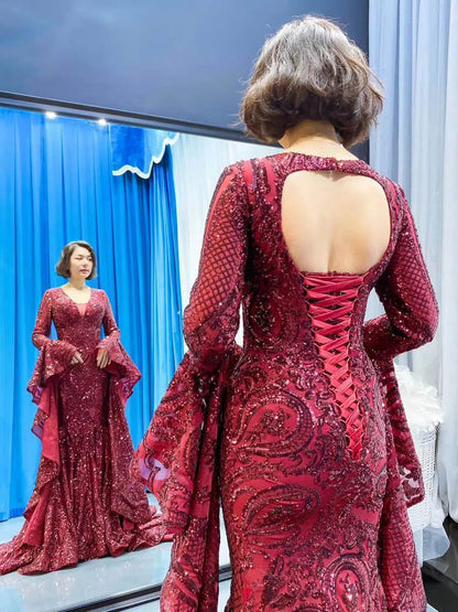Vintage Burgundy Mermaid Pageant Dresses with Sleeves 66740 viniodress-prom dresses 2025 -Viniodress-Burgundy-Custom Size-