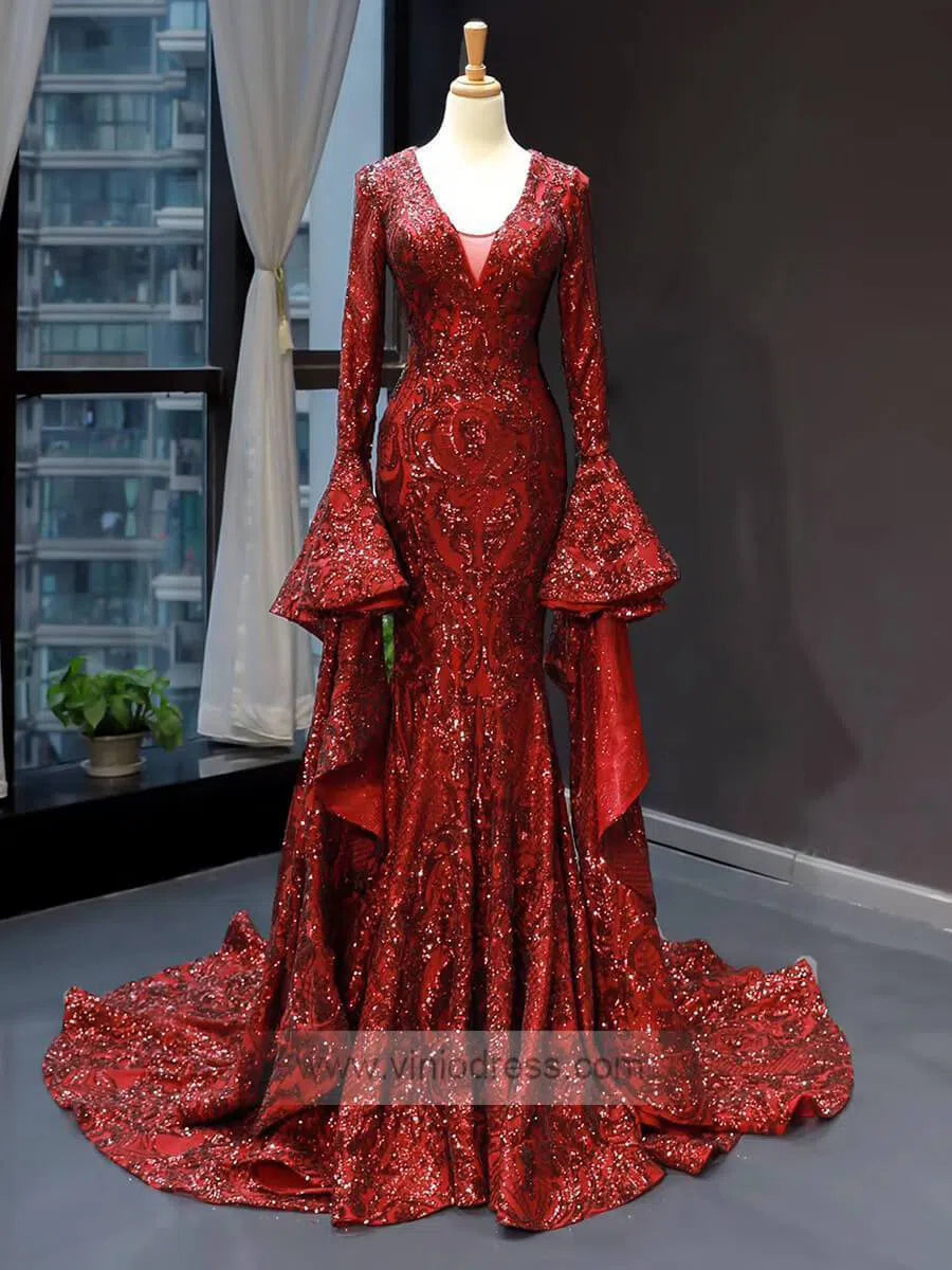 Vintage Burgundy Mermaid Pageant Dresses with Sleeves 66740 viniodress-prom dresses 2025 -Viniodress-Burgundy-Custom Size-