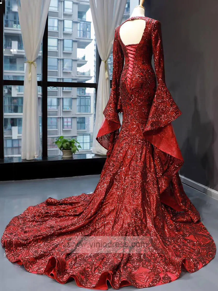 Vintage Burgundy Mermaid Pageant Dresses with Sleeves 66740 viniodress-prom dresses 2025 -Viniodress-Burgundy-Custom Size-