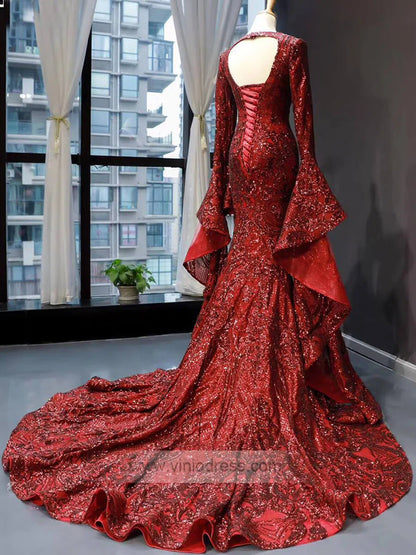Vintage Burgundy Mermaid Pageant Dresses with Sleeves 66740 viniodress-prom dresses 2025 -Viniodress-Burgundy-Custom Size-