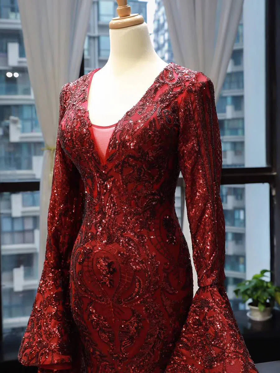 Vintage Burgundy Mermaid Pageant Dresses with Sleeves 66740 viniodress-prom dresses 2025 -Viniodress-Burgundy-Custom Size-