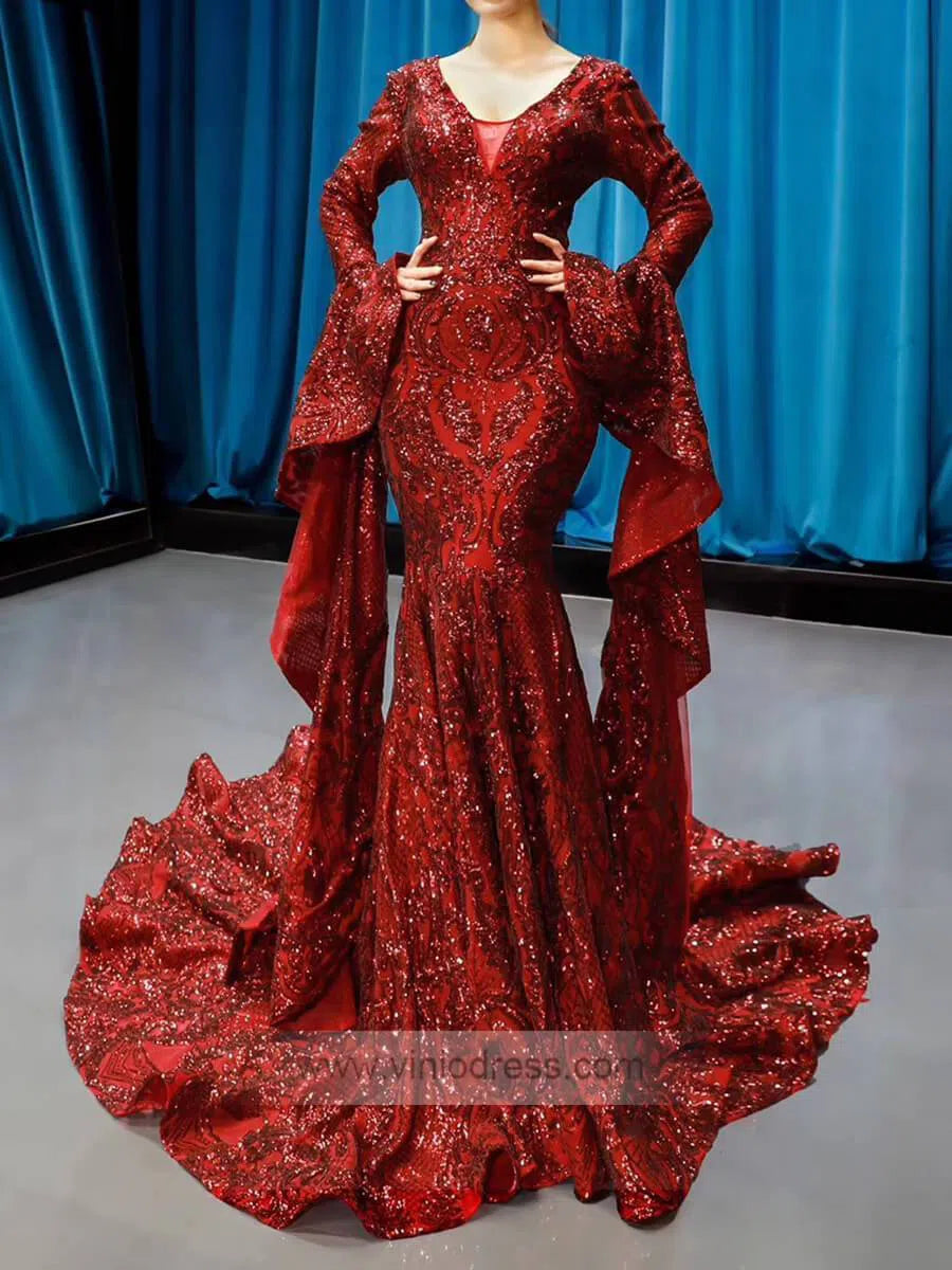 Vintage Burgundy Mermaid Pageant Dresses with Sleeves 66740 viniodress-prom dresses 2025 -Viniodress-Burgundy-Custom Size-