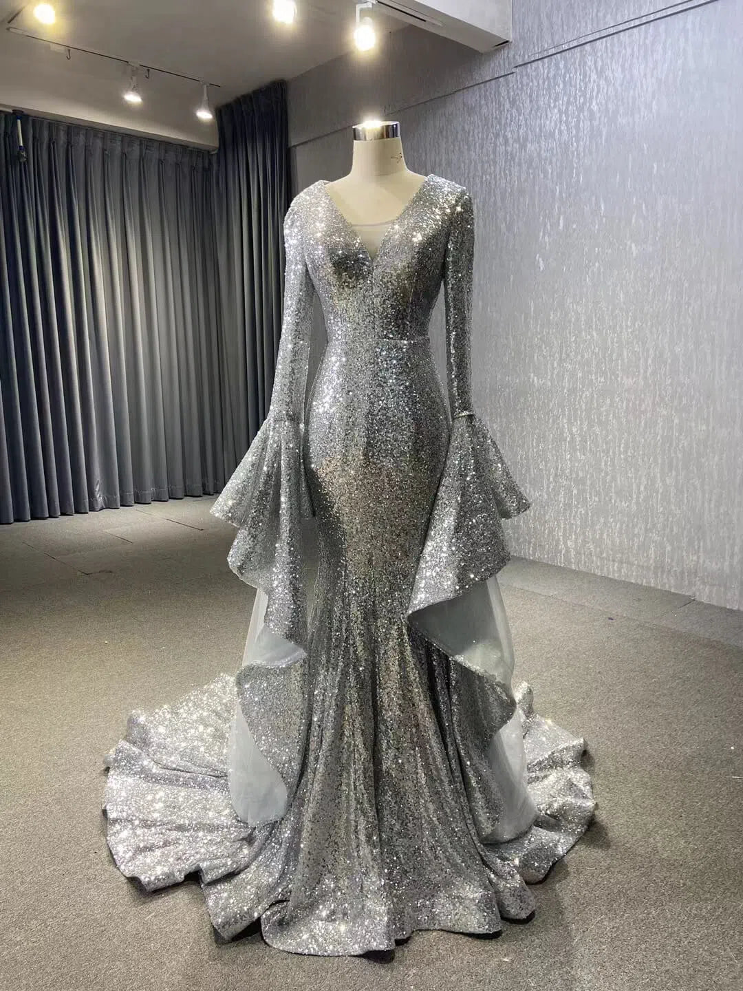 Vintage Burgundy Mermaid Pageant Dresses with Sleeves 66740 viniodress-prom dresses 2025 -Viniodress-Silver-Custom Size-