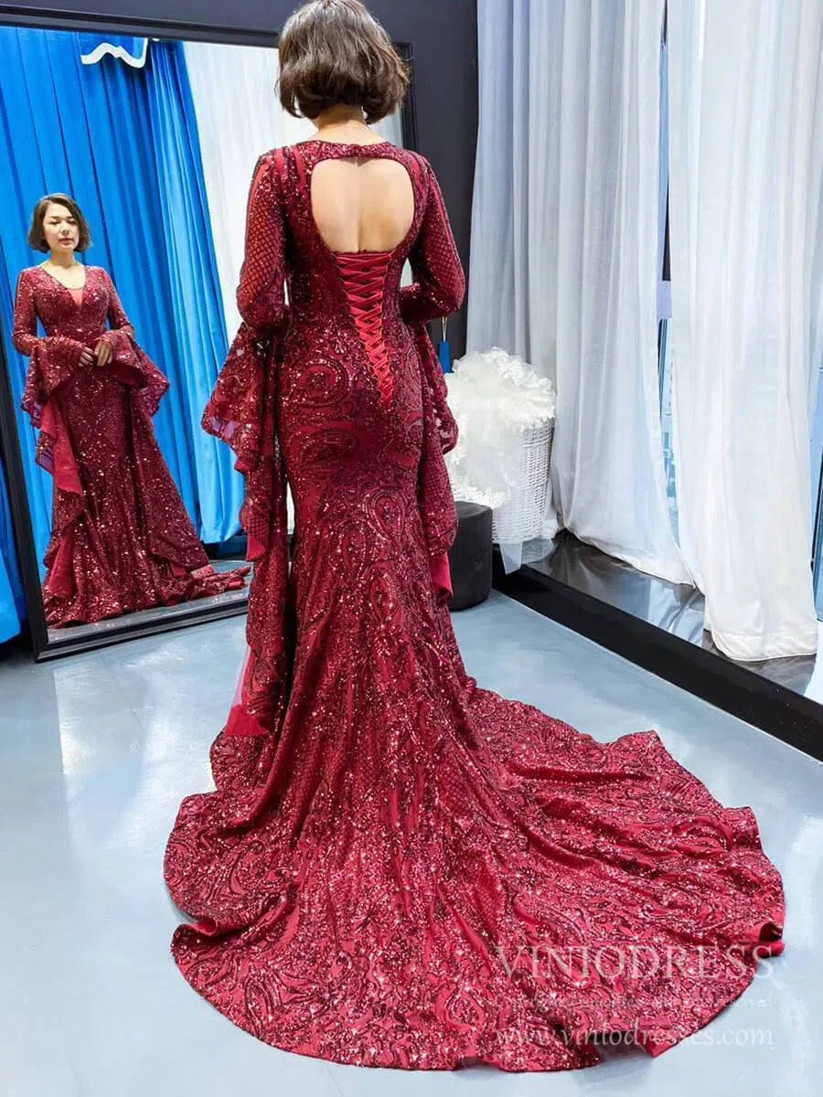 Vintage Burgundy Mermaid Pageant Dresses with Sleeves 66740 viniodress-prom dresses-Viniodress-Viniodress