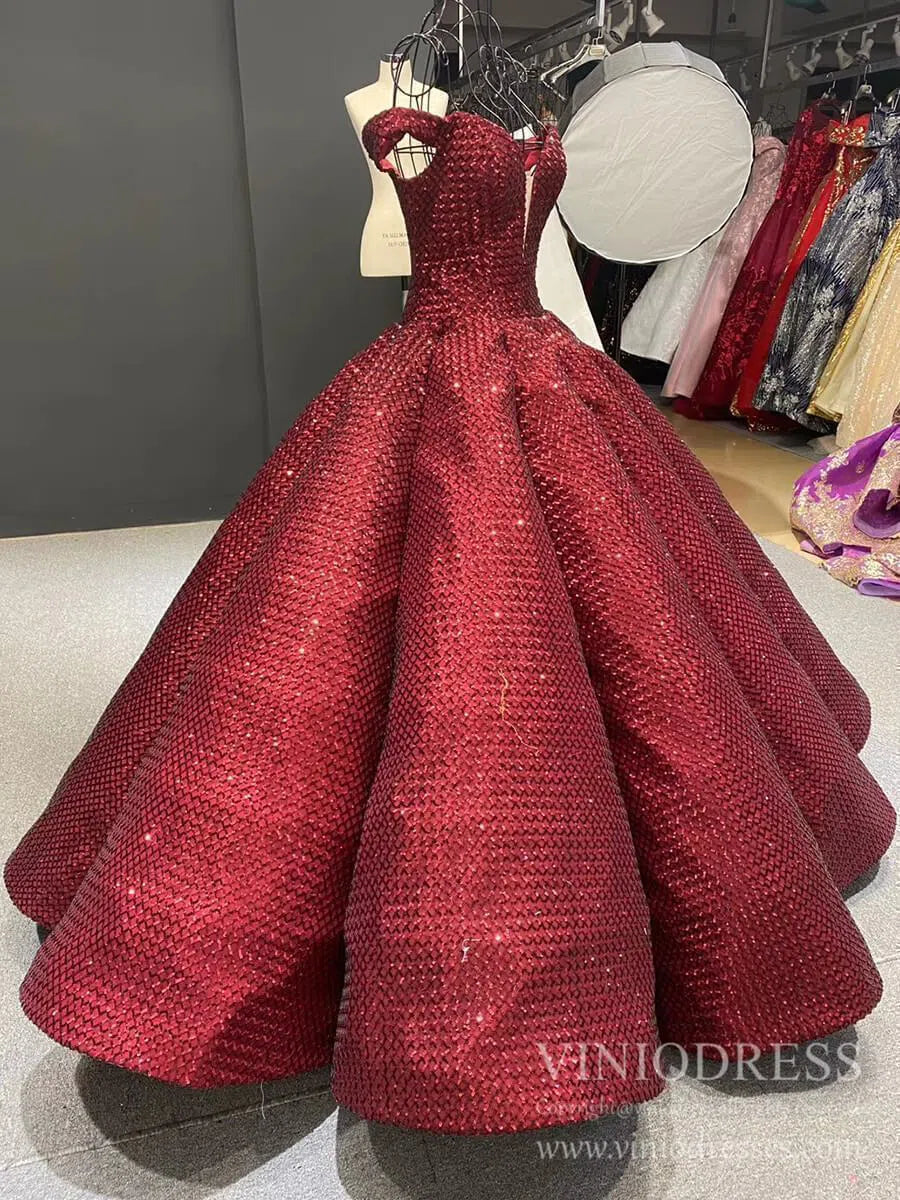 Vintage Burgundy Sequin Sweet 16 Dress Off the Shoulder Quinceanera Dresses 66661 viniodress-Quinceanera Dresses 2025 -Viniodress-Burgundy-Custom Size-