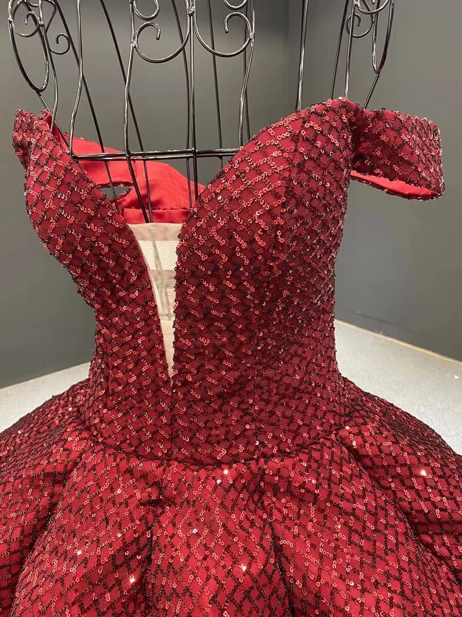 Vintage Burgundy Sequin Sweet 16 Dress Off the Shoulder Quinceanera Dresses 66661 viniodress-Quinceanera Dresses 2025 -Viniodress-Burgundy-Custom Size-