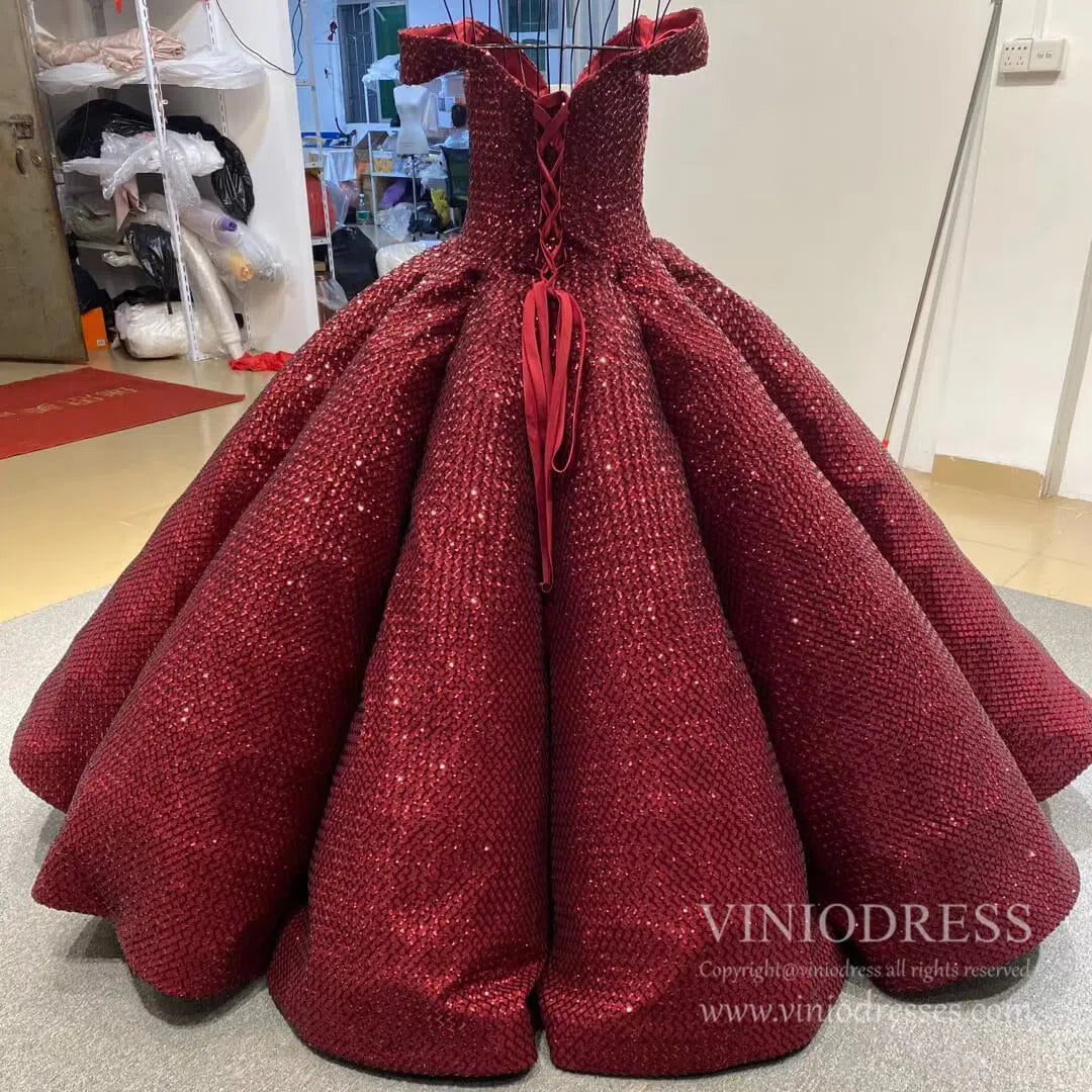 Vintage Burgundy Sequin Sweet 16 Dress Off the Shoulder Quinceanera Dresses 66661 viniodress-Quinceanera Dresses 2025 -Viniodress-Burgundy-Custom Size-
