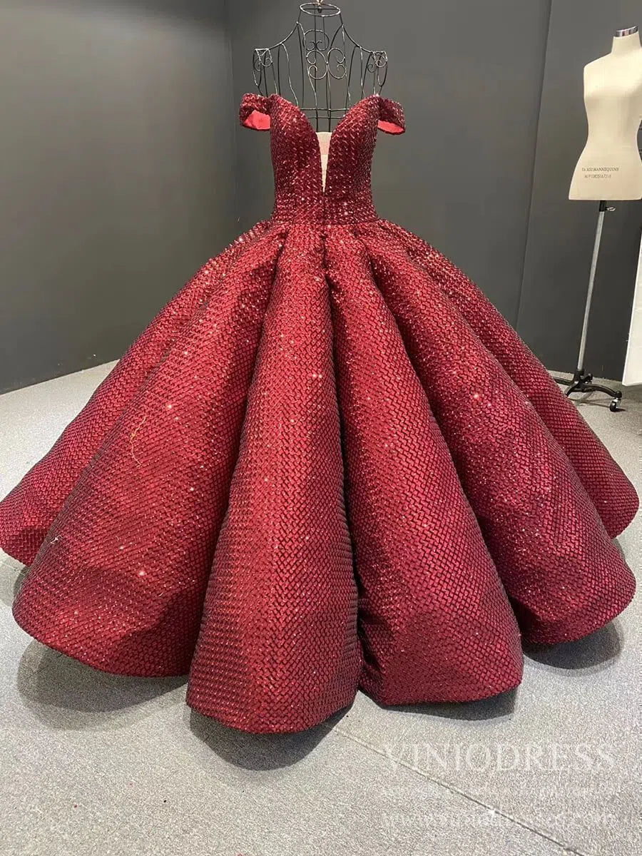 Vintage Burgundy Sequin Sweet 16 Dress Off the Shoulder Quinceanera Dresses 66661 viniodress-Quinceanera Dresses 2025 -Viniodress-Burgundy-Custom Size-