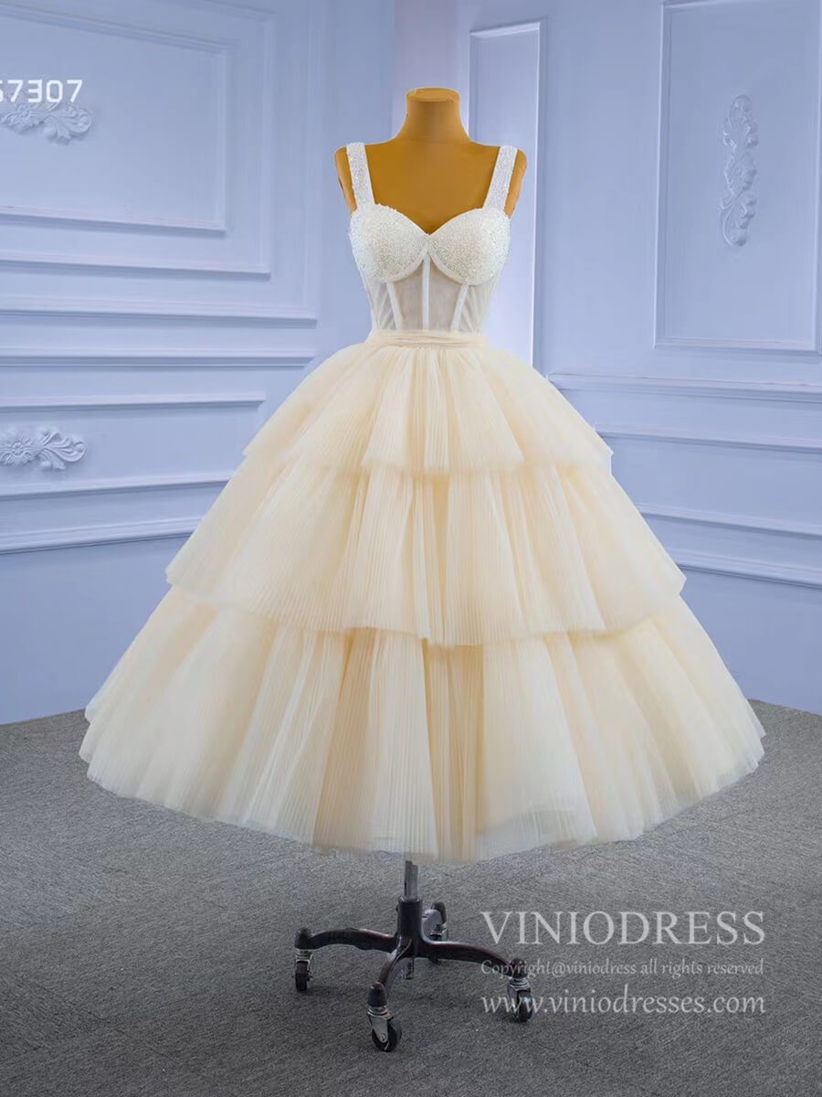 Vintage Champagne Tea length Prom Dresses Layered Tulle Formal Dress 67307-prom dresses 2025 -Viniodress-Champagne-Custom Size-