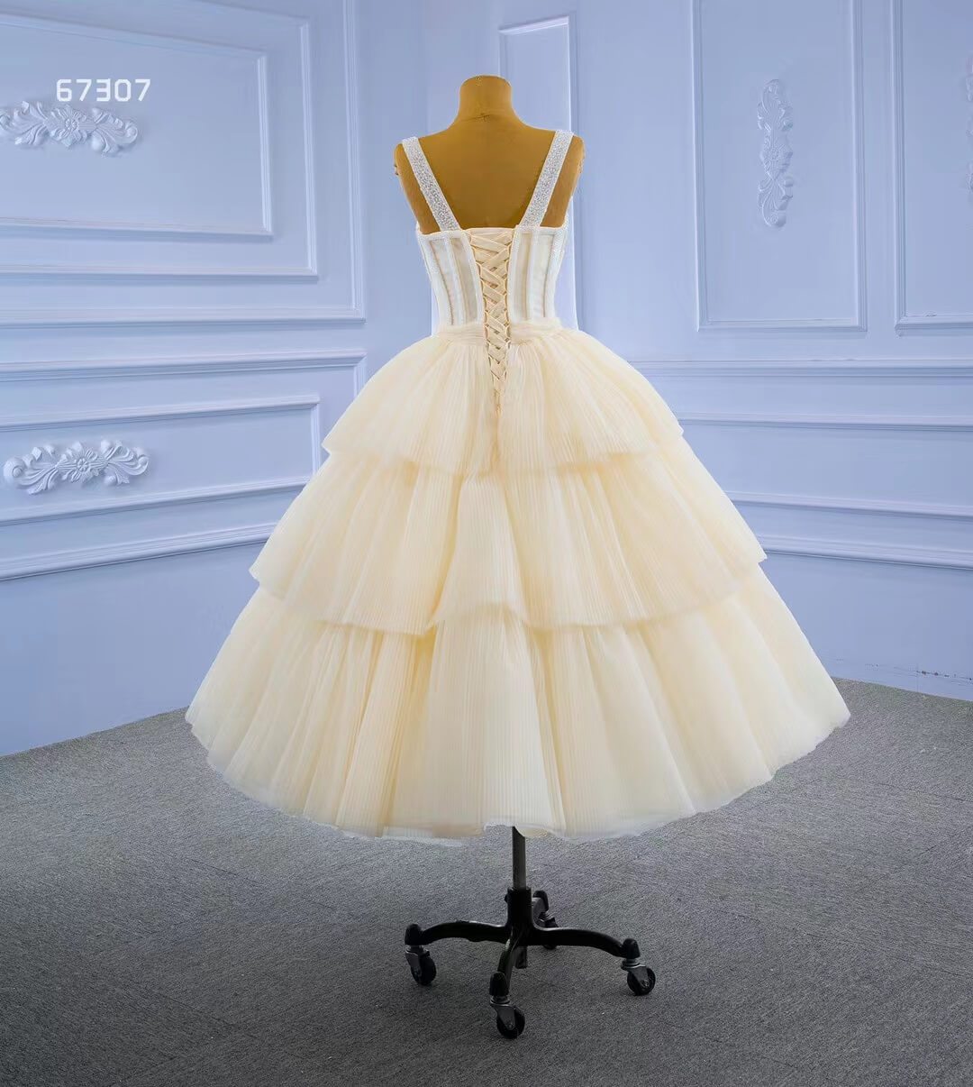 Vintage Champagne Tea length Prom Dresses Layered Tulle Formal Dress 67307-prom dresses 2025 -Viniodress-Champagne-Custom Size-