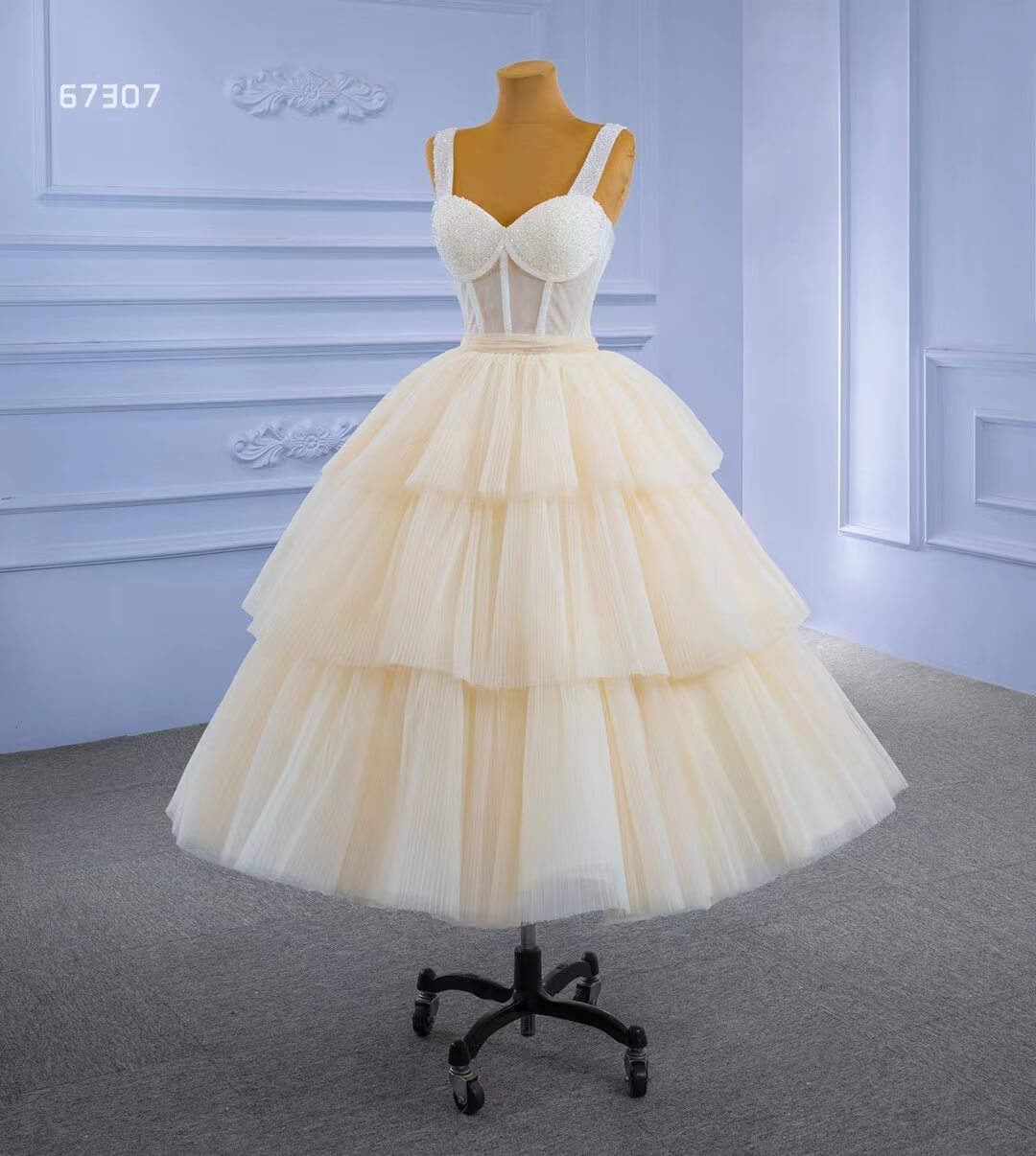 Vintage Champagne Tea length Prom Dresses Layered Tulle Formal Dress 67307-prom dresses 2025 -Viniodress-Champagne-Custom Size-