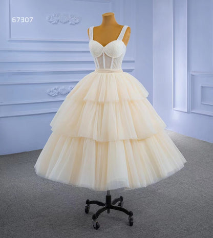 Vintage Champagne Tea length Prom Dresses Layered Tulle Formal Dress 67307-prom dresses 2025 -Viniodress-Champagne-Custom Size-