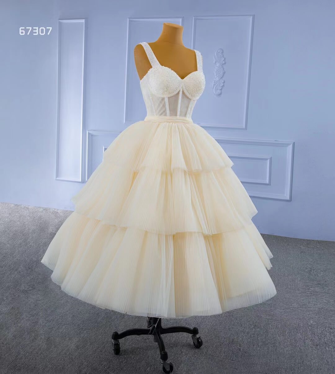 Vintage Champagne Tea length Prom Dresses Layered Tulle Formal Dress 67307-prom dresses 2025 -Viniodress-Champagne-Custom Size-