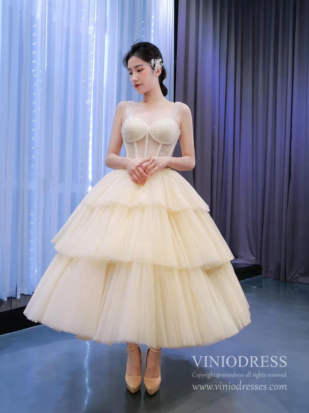 Vintage Champagne Tea length Prom Dresses Layered Tulle Formal Dress 67307-prom dresses 2025 -Viniodress-Champagne-Custom Size-
