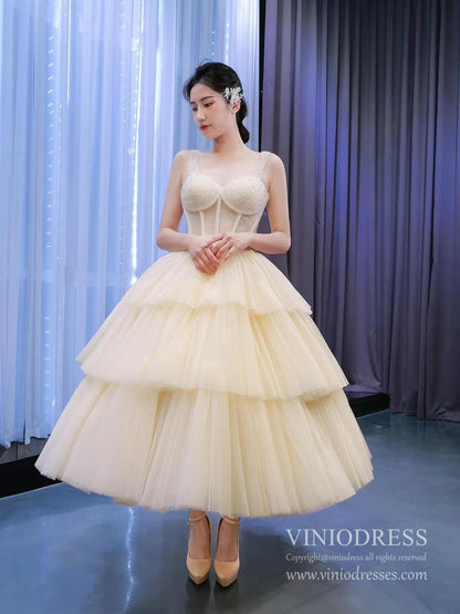 Vintage Champagne Tea length Prom Dresses Layered Tulle Formal Dress 67307-prom dresses 2025 -Viniodress-Champagne-Custom Size-