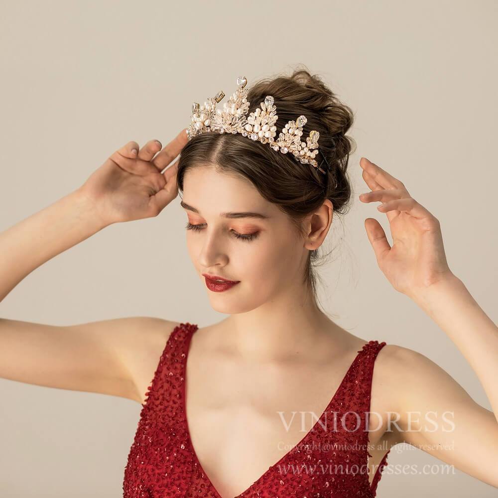 Vintage Crystal and Pearls Tiara for Bride AC1207-Headpieces 2025 -Viniodress-Gold-