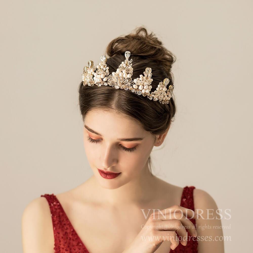 Vintage Crystal and Pearls Tiara for Bride AC1207-Headpieces 2025 -Viniodress-Gold-