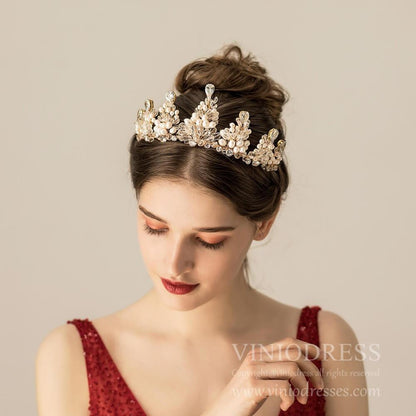 Vintage Crystal and Pearls Tiara for Bride AC1207-Headpieces 2025 -Viniodress-Gold-
