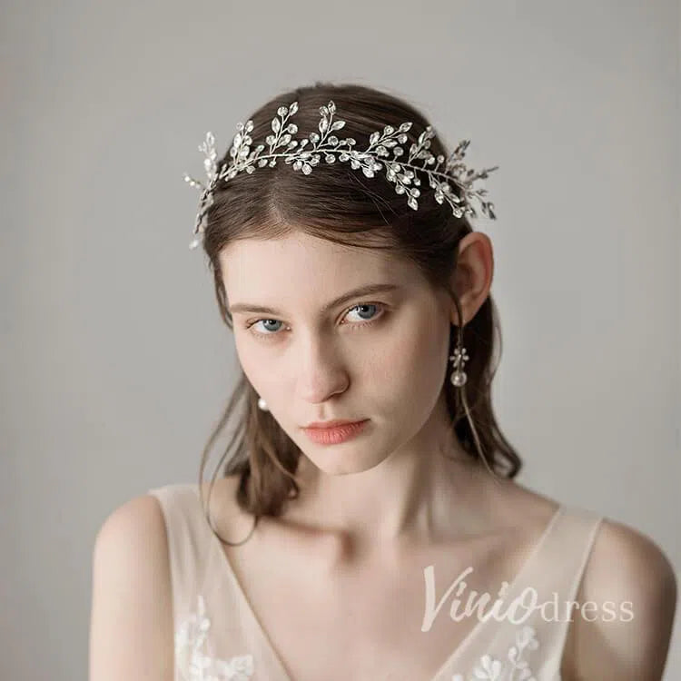 Vintage Crystal Sprig Silver Bridal Headband ACC1117-Headpieces 2025 -Viniodress-Silver-