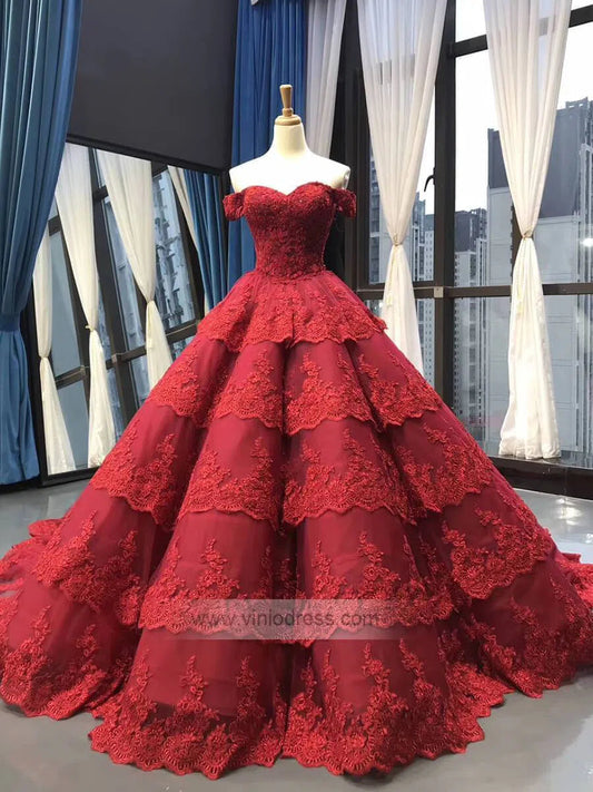 Vintage Dark Red Lace Prom Dresses Off Shoulder Princess Dress FD1217 viniodress-prom dresses 2025 -Viniodress-Dark Red-Custom Size-