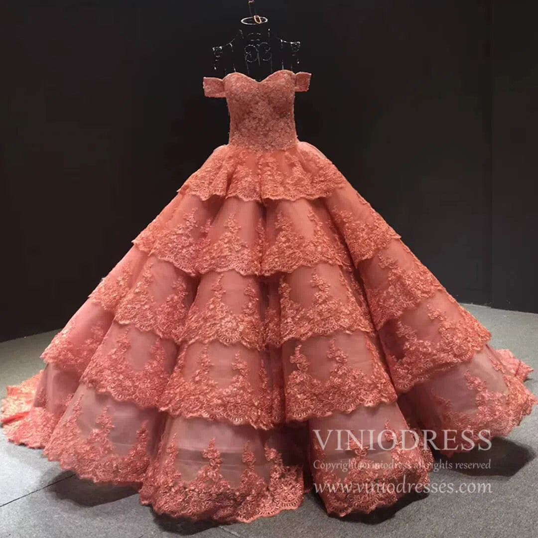 Vintage Dark Red Lace Prom Dresses Off Shoulder Princess Dress FD1217 viniodress-prom dresses 2025 -Viniodress-Coral-Custom Size-