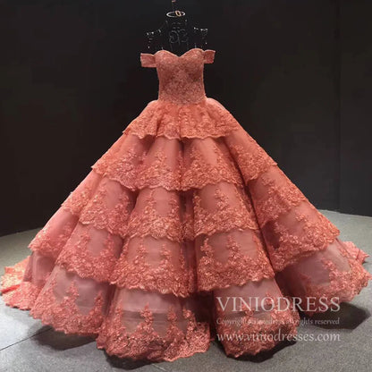 Vintage Dark Red Lace Prom Dresses Off Shoulder Princess Dress FD1217 viniodress-prom dresses 2025 -Viniodress-Coral-Custom Size-
