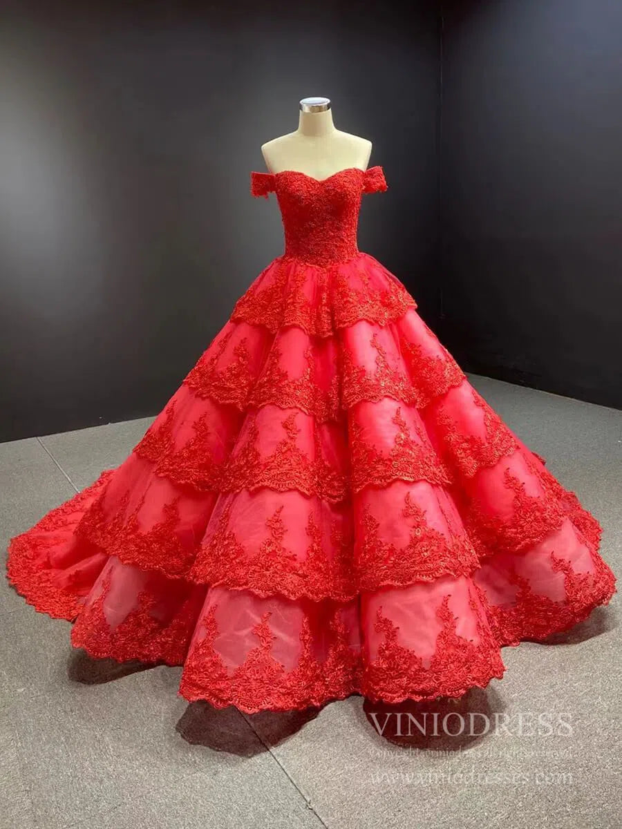 Vintage Dark Red Lace Prom Dresses Off Shoulder Princess Dress FD1217 viniodress-prom dresses 2025 -Viniodress-Coral Red-Custom Size-
