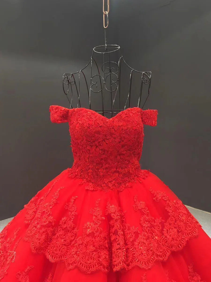 Vintage Dark Red Lace Prom Dresses Off Shoulder Princess Dress FD1217 viniodress-prom dresses 2025 -Viniodress-Dark Red-Custom Size-