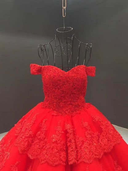 Vintage Dark Red Lace Prom Dresses Off Shoulder Princess Dress FD1217 viniodress-prom dresses 2025 -Viniodress-Dark Red-Custom Size-