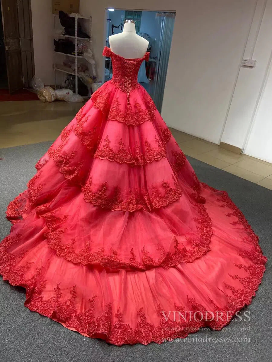 Vintage Dark Red Lace Prom Dresses Off Shoulder Princess Dress FD1217 viniodress-prom dresses 2025 -Viniodress-Dark Red-Custom Size-