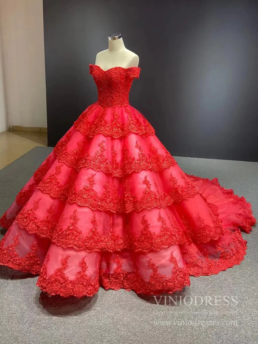 Vintage Dark Red Lace Prom Dresses Off Shoulder Princess Dress FD1217 viniodress-prom dresses 2025 -Viniodress-Dark Red-Custom Size-
