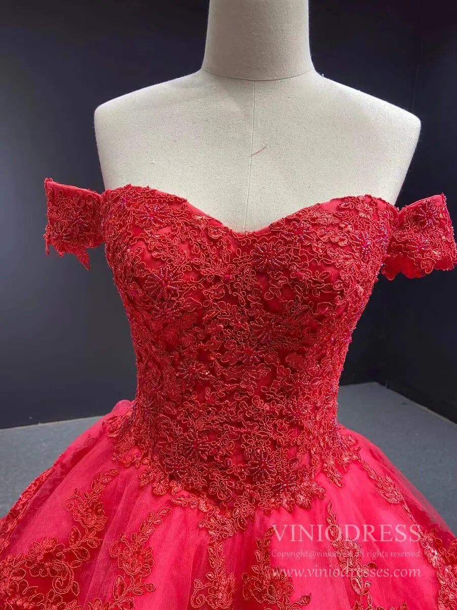 Vintage Dark Red Lace Prom Dresses Off Shoulder Princess Dress FD1217 viniodress-prom dresses 2025 -Viniodress-Dark Red-Custom Size-