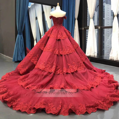 Vintage Dark Red Lace Prom Dresses Off Shoulder Princess Dress FD1217 viniodress-prom dresses 2025 -Viniodress-Dark Red-Custom Size-