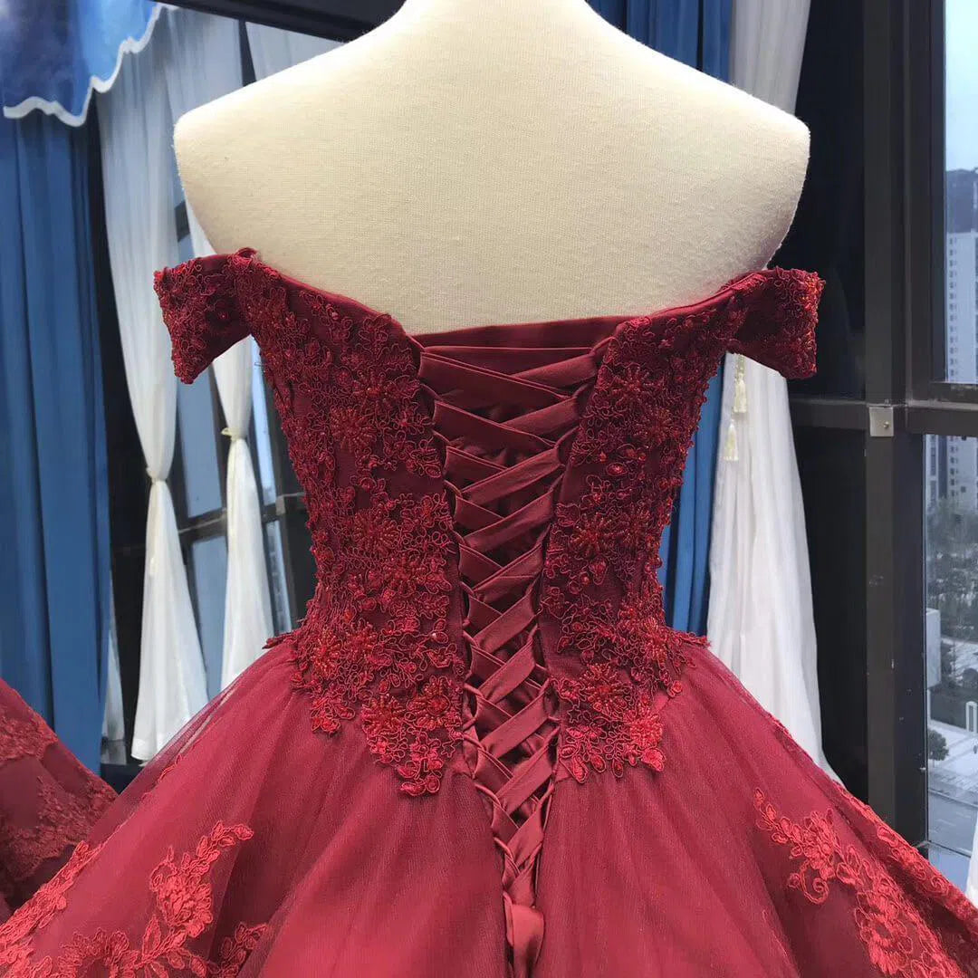 Vintage Dark Red Lace Prom Dresses Off Shoulder Princess Dress FD1217 viniodress-prom dresses 2025 -Viniodress-Dark Red-Custom Size-