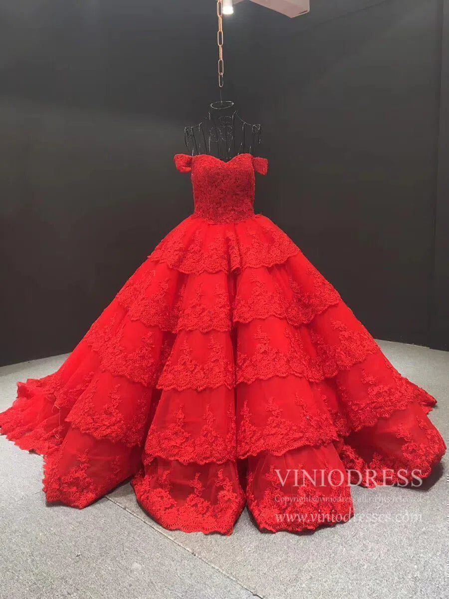 Vintage Dark Red Lace Prom Dresses Off Shoulder Princess Dress FD1217 viniodress-prom dresses 2025 -Viniodress-Red-Custom Size-
