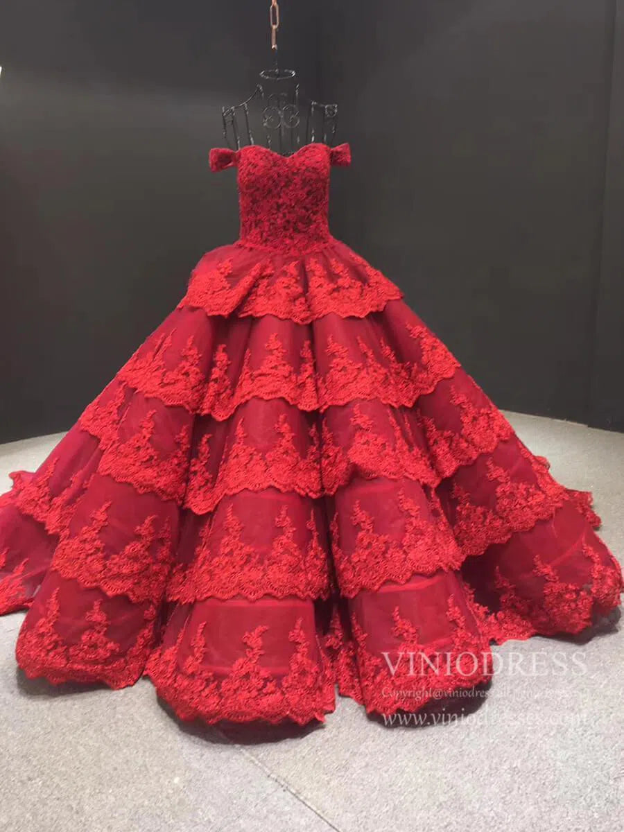 Vintage Dark Red Lace Prom Dresses Off Shoulder Princess Dress FD1217 viniodress-prom dresses-Viniodress-Viniodress