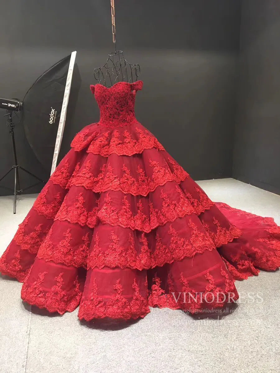 Vintage Dark Red Lace Prom Dresses Off Shoulder Princess Dress FD1217 viniodress-prom dresses-Viniodress-Viniodress