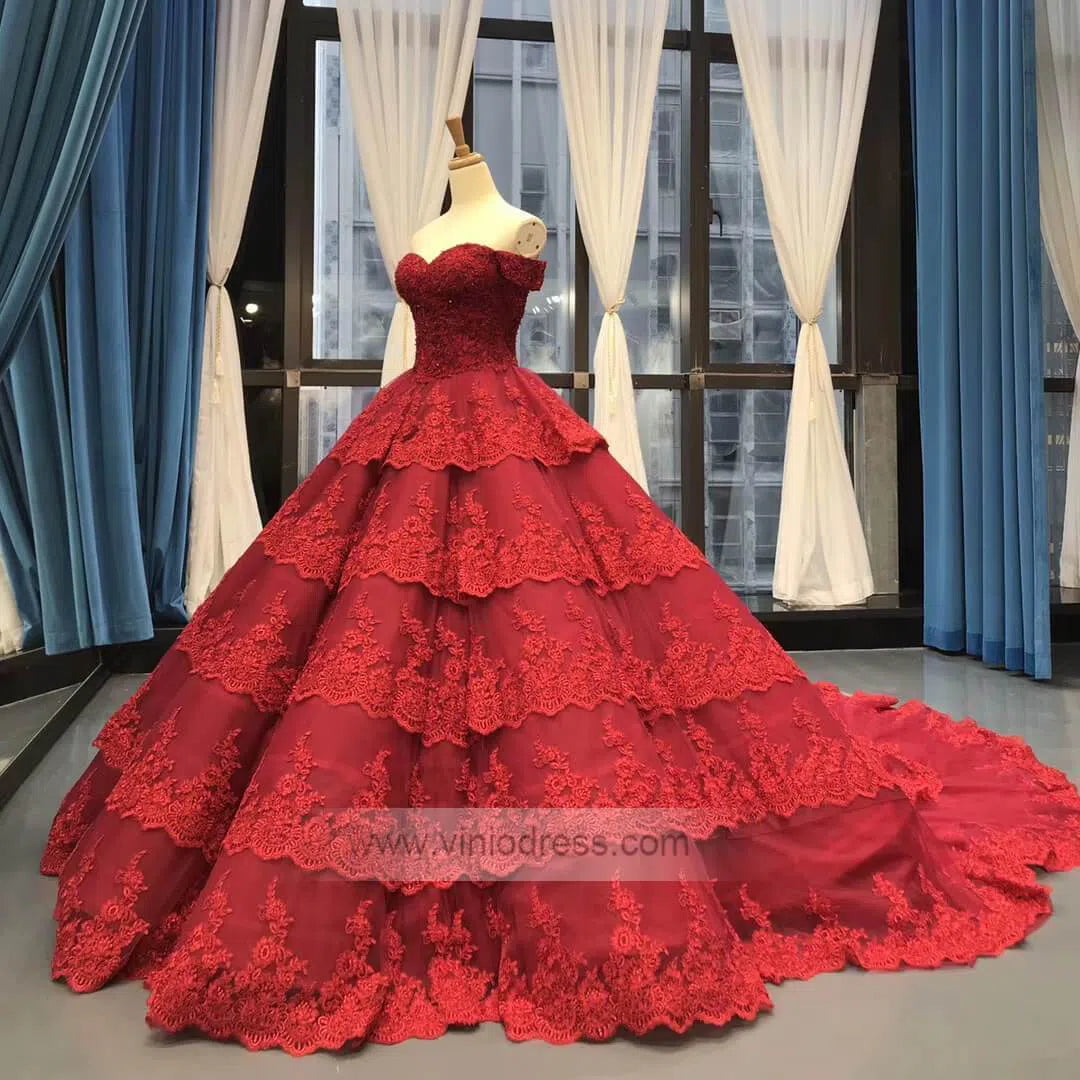 Vintage Dark Red Lace Prom Dresses Off Shoulder Princess Dress FD1217 viniodress-prom dresses-Viniodress-Viniodress