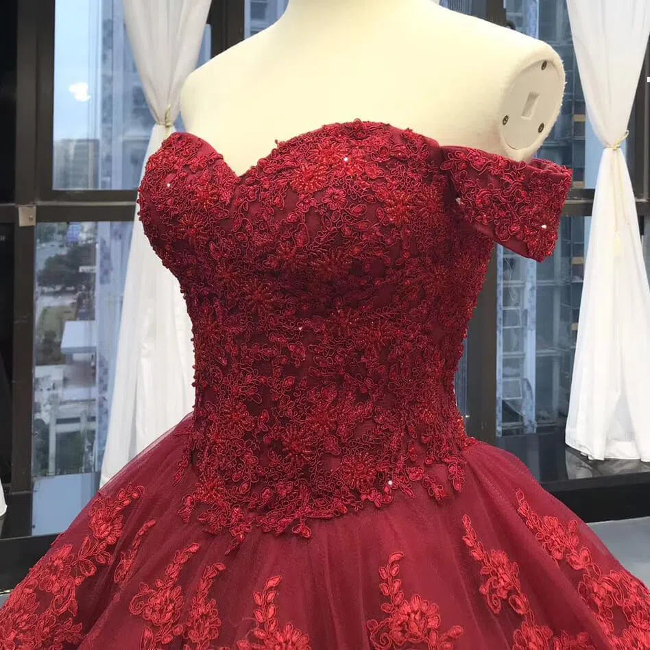 Vintage Dark Red Lace Prom Dresses Off Shoulder Princess Dress FD1217 viniodress-prom dresses-Viniodress-Viniodress